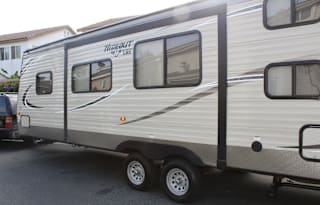 2018 Keystone Hideout, 26' long plus 3' hitch. Total: 29 Feet long.