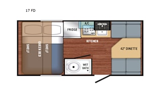 Yes it has a bathroom. Small easy to tow 3200lbs.