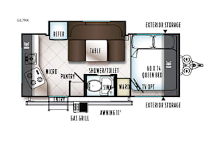This trailer is Ultra lite and towable by almost any SUV or small pickup truck. Sleeps 4 and only weights 3,000lbs. Has a small slide out, U shaped dinette. Fully self contained. All the basic RV needs. Includes a outside bbq power awning and more...
