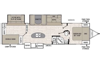 Large RV with outdoor kitchen, fireplace, and TVs