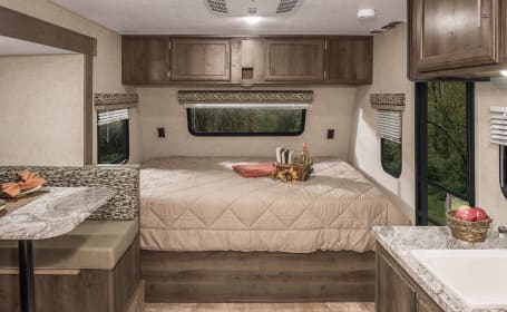 Modern travel trailer bunk house layout with all the comforts of home