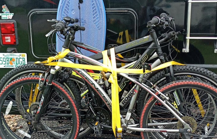 Rear platform with lock is attached to the hitch...bicycles not included of course.  Cargo straps are avialable.