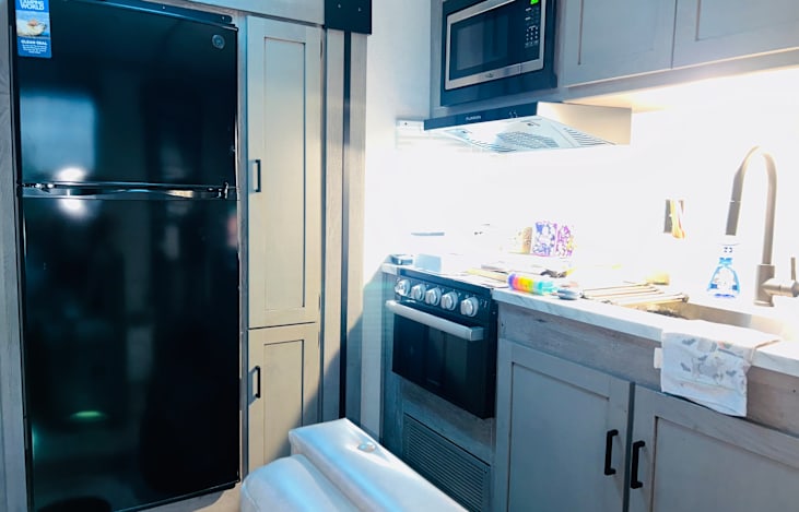 Stove, microwave, fridge, sink with dishes and cleaning supplies.