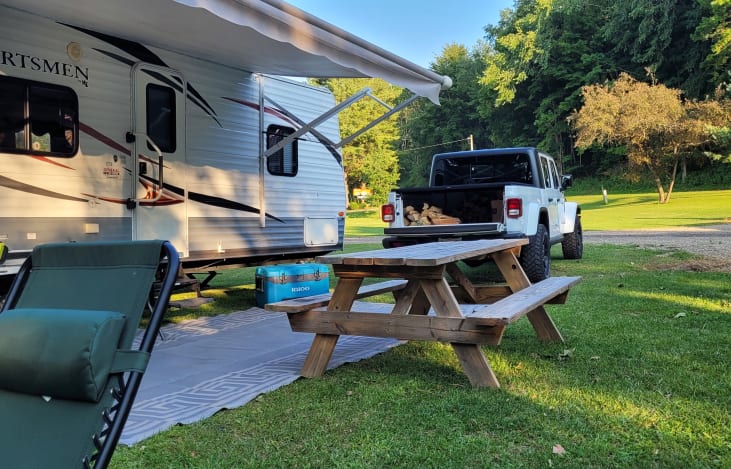 Camping at The Lost Horizons Family Campground. We float the Mohican river from a public access down to this site right on the river. This lot overlooks the new covered bridge on Wally road.