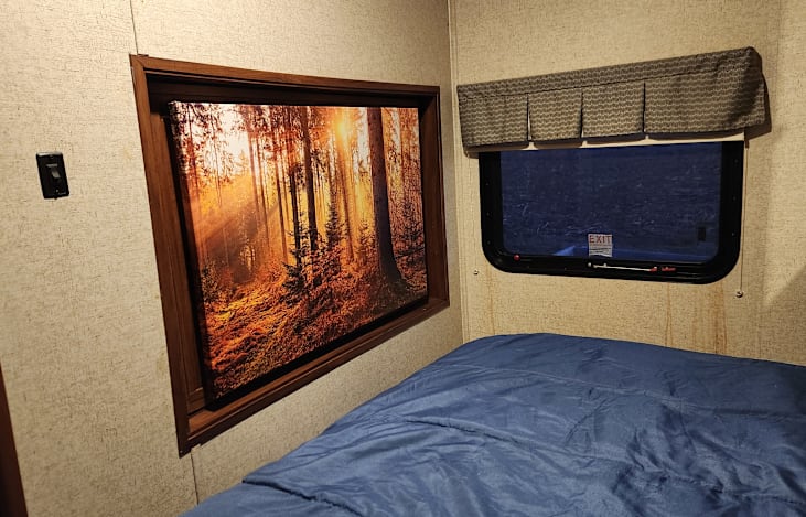 Privacy blind on window. Beautiful nature painting behind TV on a swivel insert.