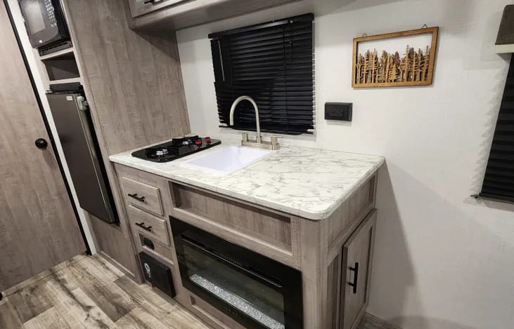 View of sink, fridge, microwave and two stove burner