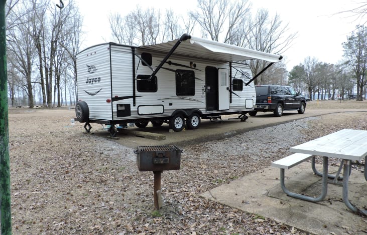 Exterior with electric awning