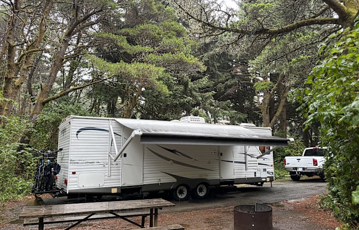Awning covers both doors.