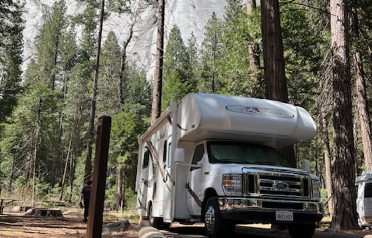RV parked in Yosemite at Upper Pines Camp ground.