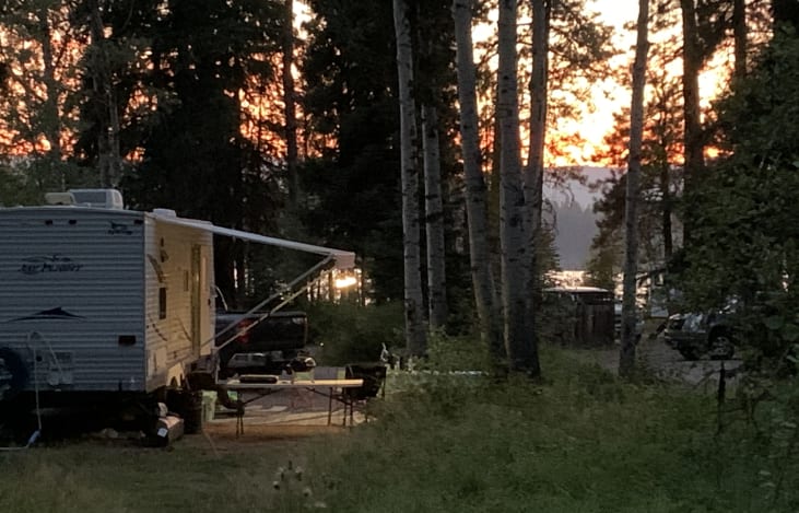 Seeley Lake, Tamaracks resort lake front camping at sunset.