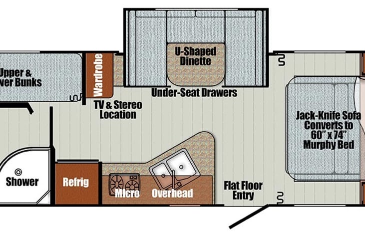 The Dinette converts into a bed for the 5th and 6th guest.   The dinette is suitable for one child less than 5 feet tall, or two children Kindergarten age or younger.