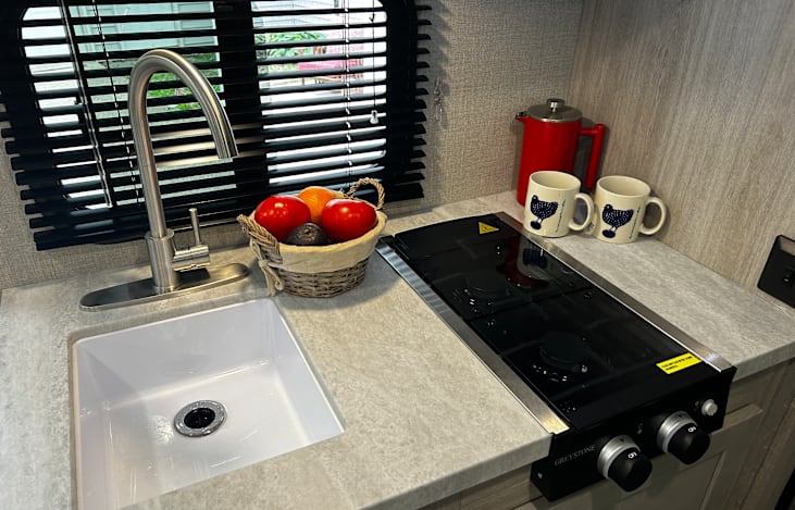 Kitchen with 2 burner stove, microwave and large fridge.