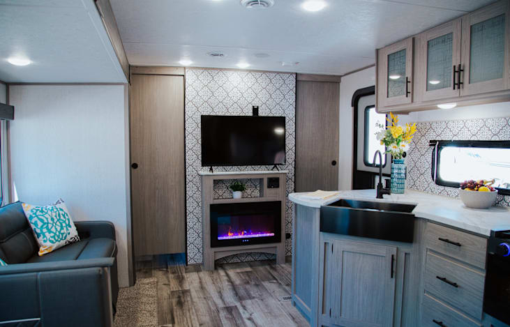 Pocket doors to separate bedroom and fireplace