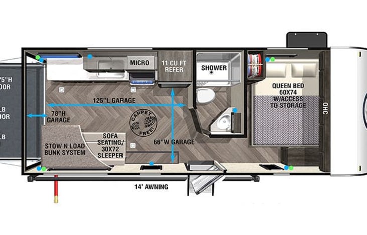 Queen sized  10in memory foalm mattress for comfortable sleeping.  This rv has plenty of storage.
