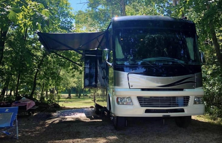 Power awning with LED light strip.