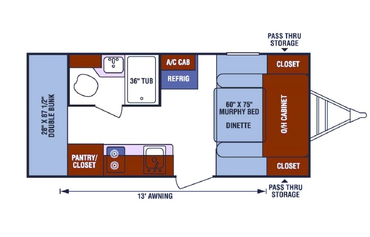 Unique floorplan packs in TONS of features that bigger campers have, but in an easy-to-tow size/weight for vehicles with a 5,000lb towing capacity!