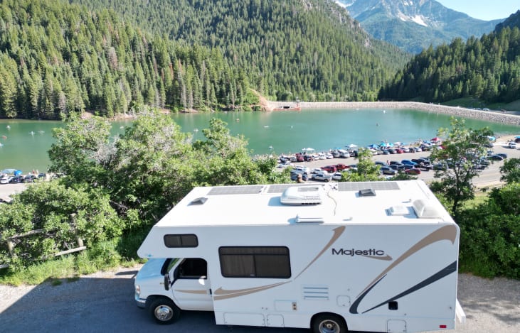 Exterior view of the RV near Tibble Fork Reservoir, Utah