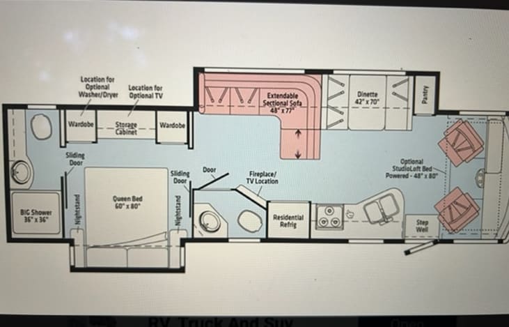 Floor Plan from rear (left) with fully revolving high back seats in the front