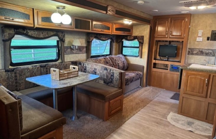 View of dining and living room from bunk room