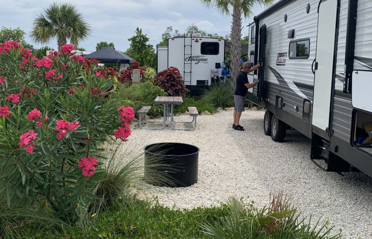 Setting up our RV for our next guest! We also have a large canopy and outdoor speakers to enjoy.