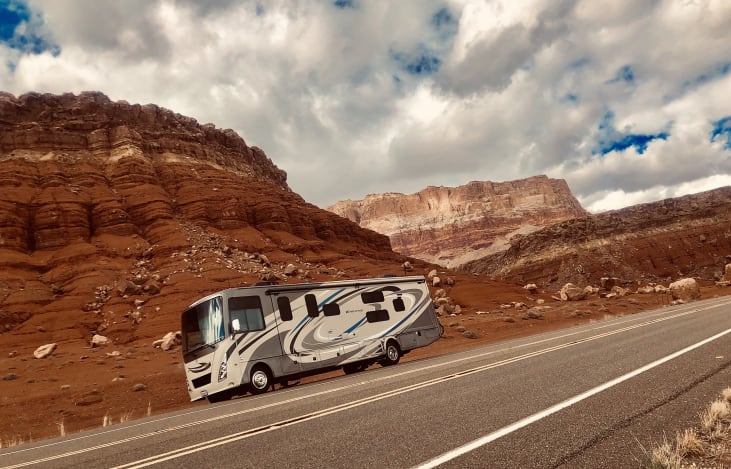 Our RV on the road to Zion National Park