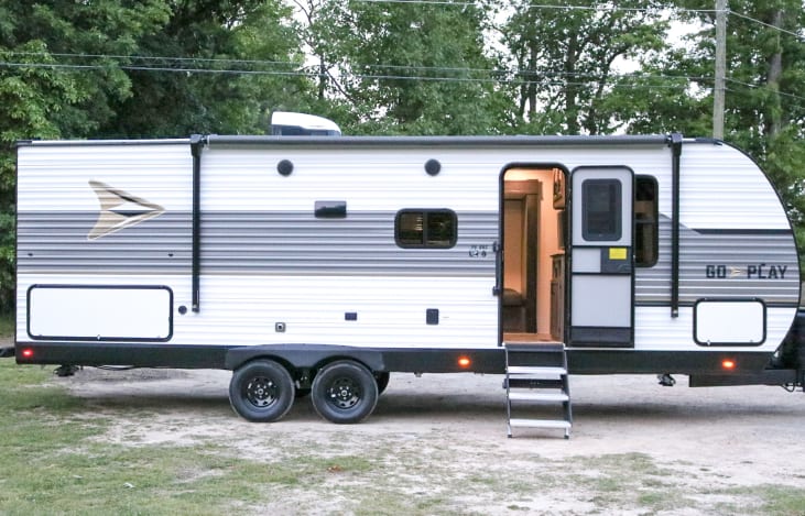 The exterior of the travel trailer right side.