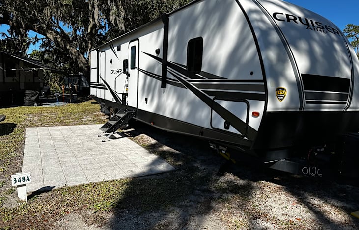 Exterior view of Trailer. Two entry doors and outside kitchen.